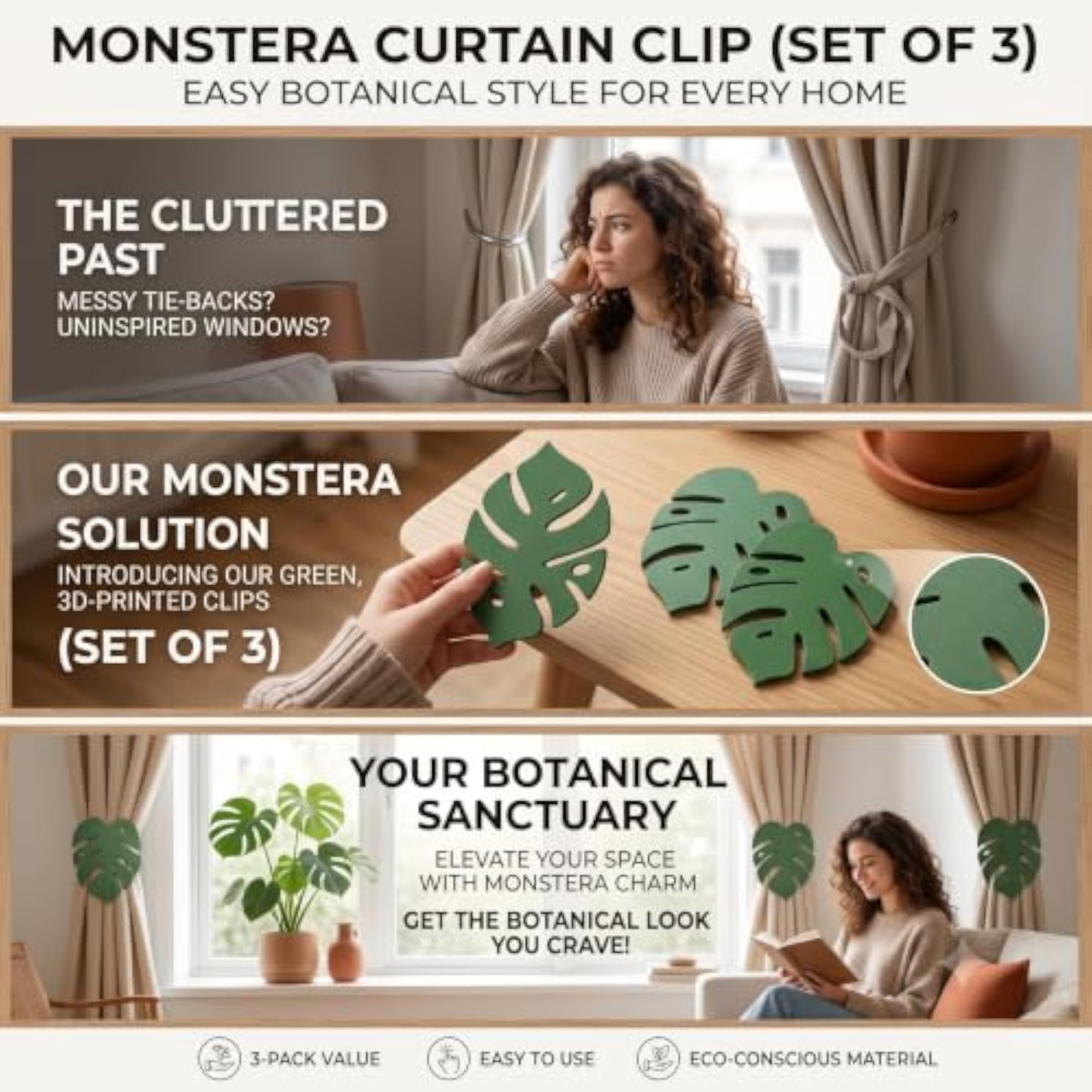 Monstera Leaf Curtain Clips Set of 3, Green